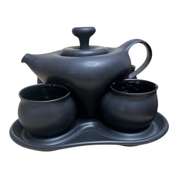 Rare Peter Saenger Modernist Black Porcelain Nesting Tea Set Pot 4 Cups Tray - Picture 1 of 10